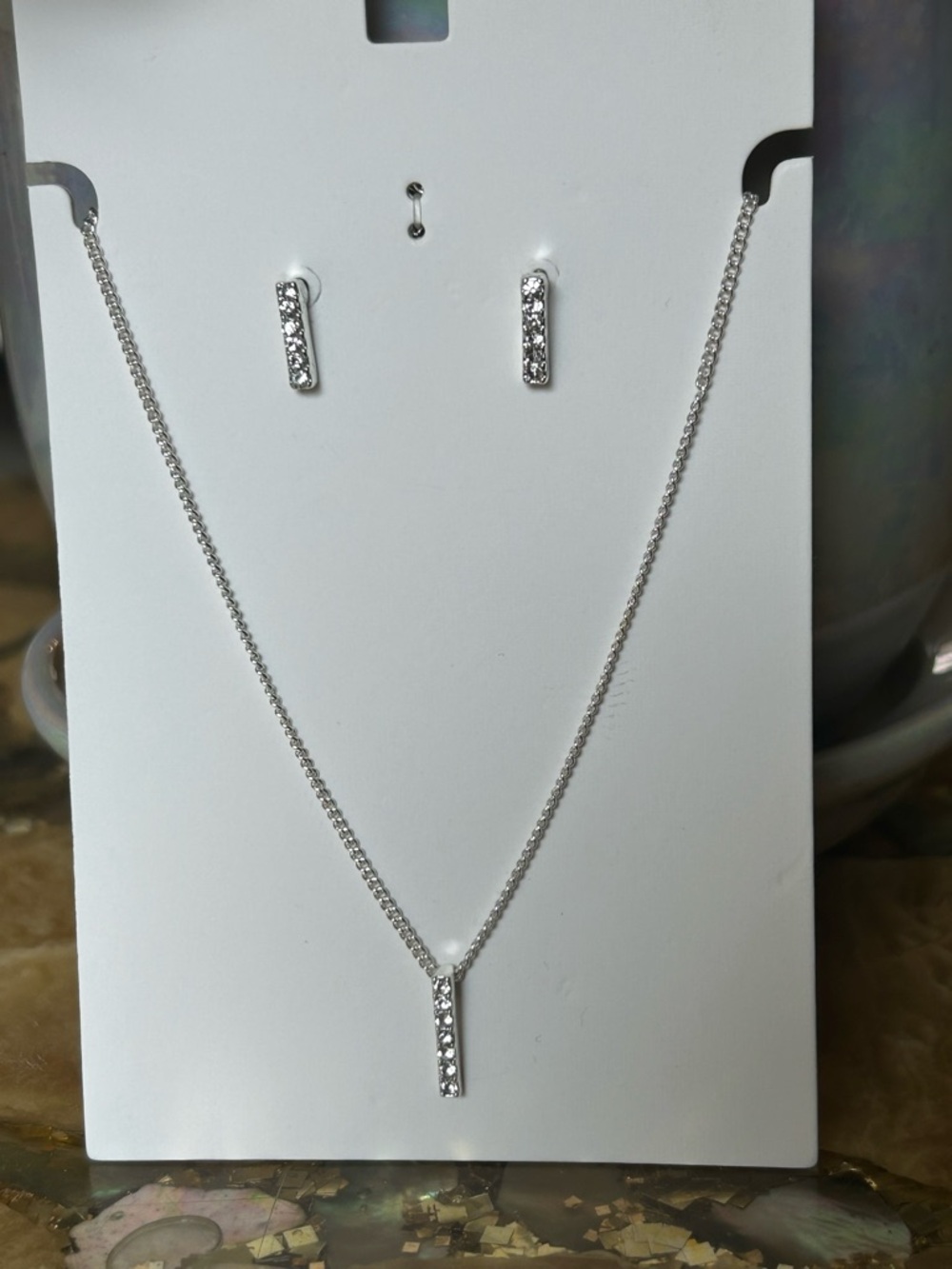NWT Silver Crystal Bar Necklace and Earring Set/5 Sets